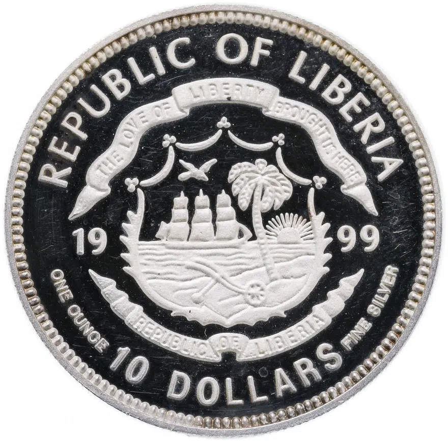Либерия 10 долларов (dollars) 1999  Transrapid-08 - Гамбург-Берлин, реверс