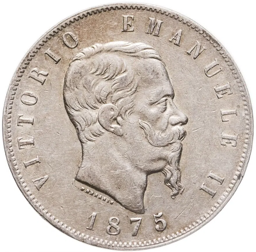 Италия 5 лир (lire) 1875 M  знак монетного двора: "M" - Милан
