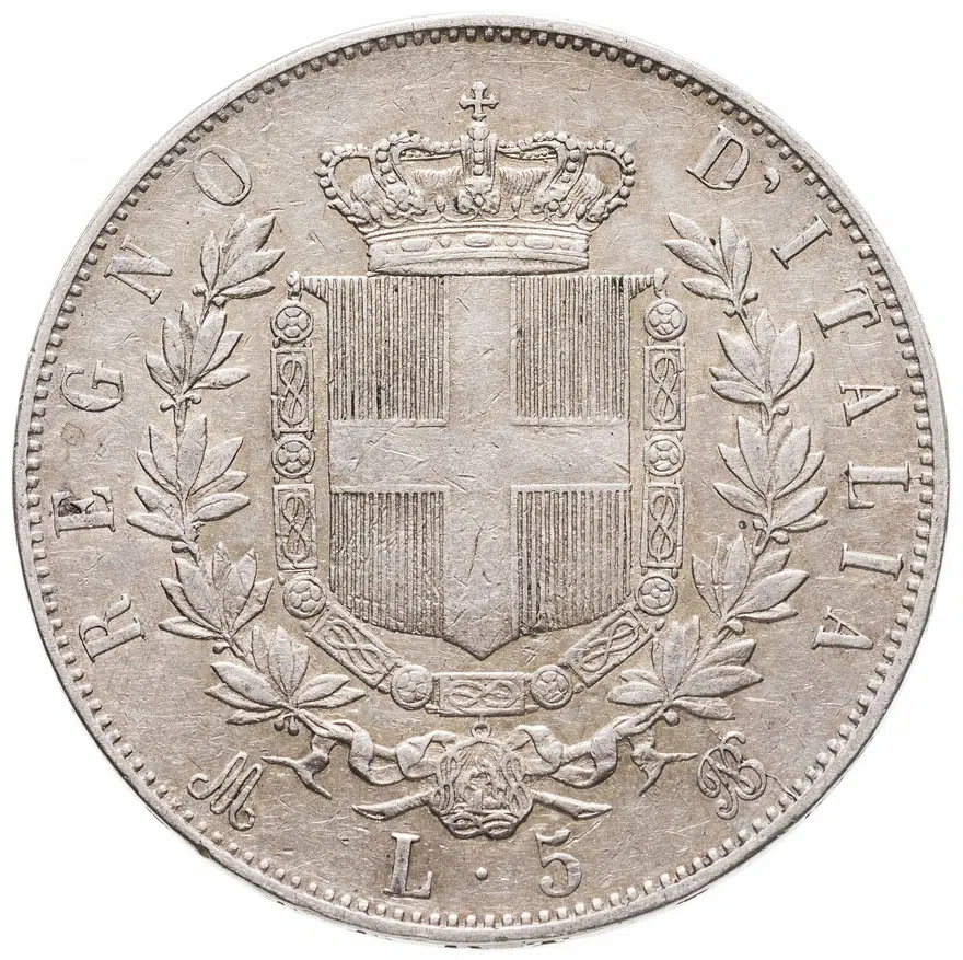 Италия 5 лир (lire) 1875 M  знак монетного двора: "M" - Милан, реверс