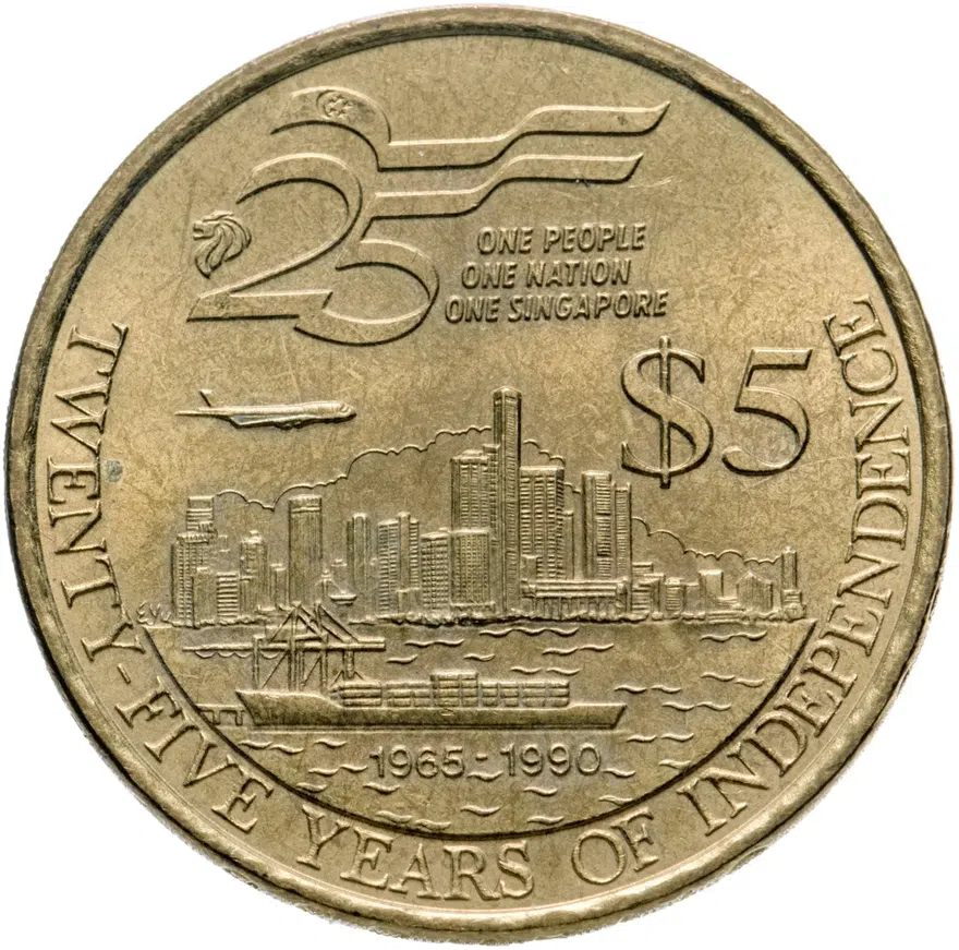 Сингапур 5 долларов (dollars) 1990  25 лет Независимости