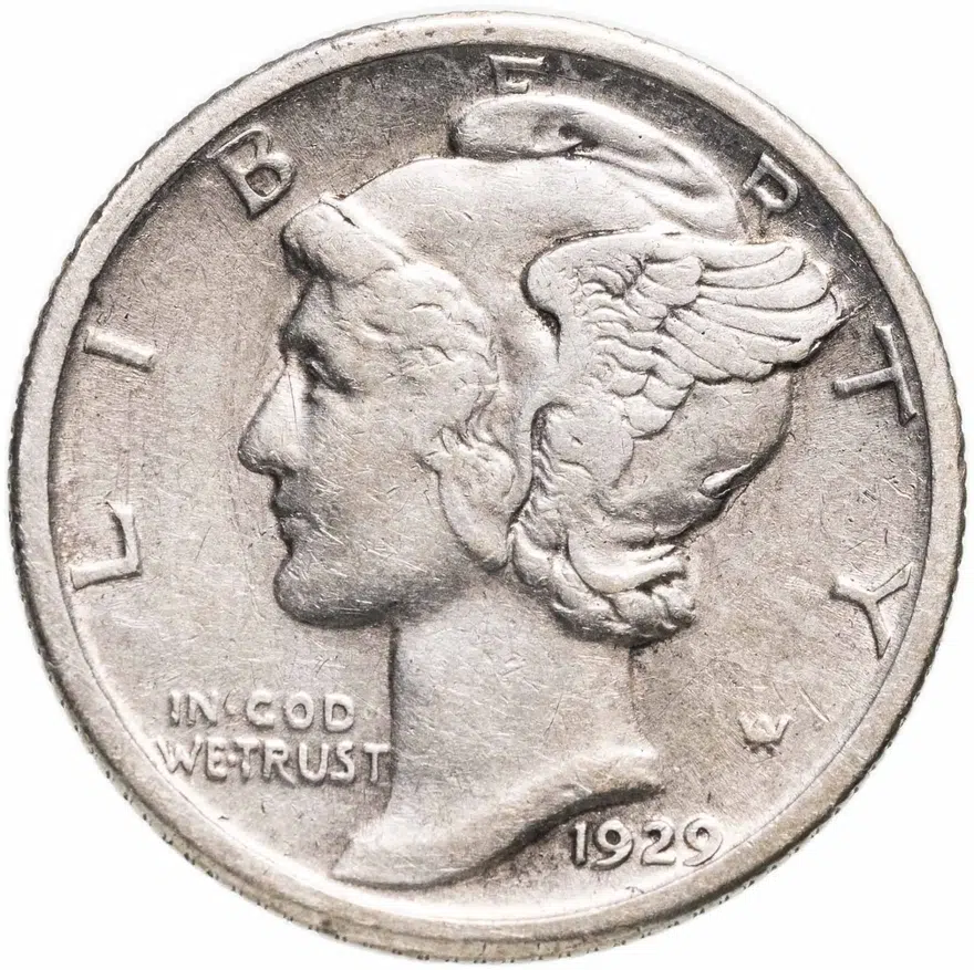 США 10 центов (дайм, one dime) 1929  Mercury Dime Без отметки монетного двора