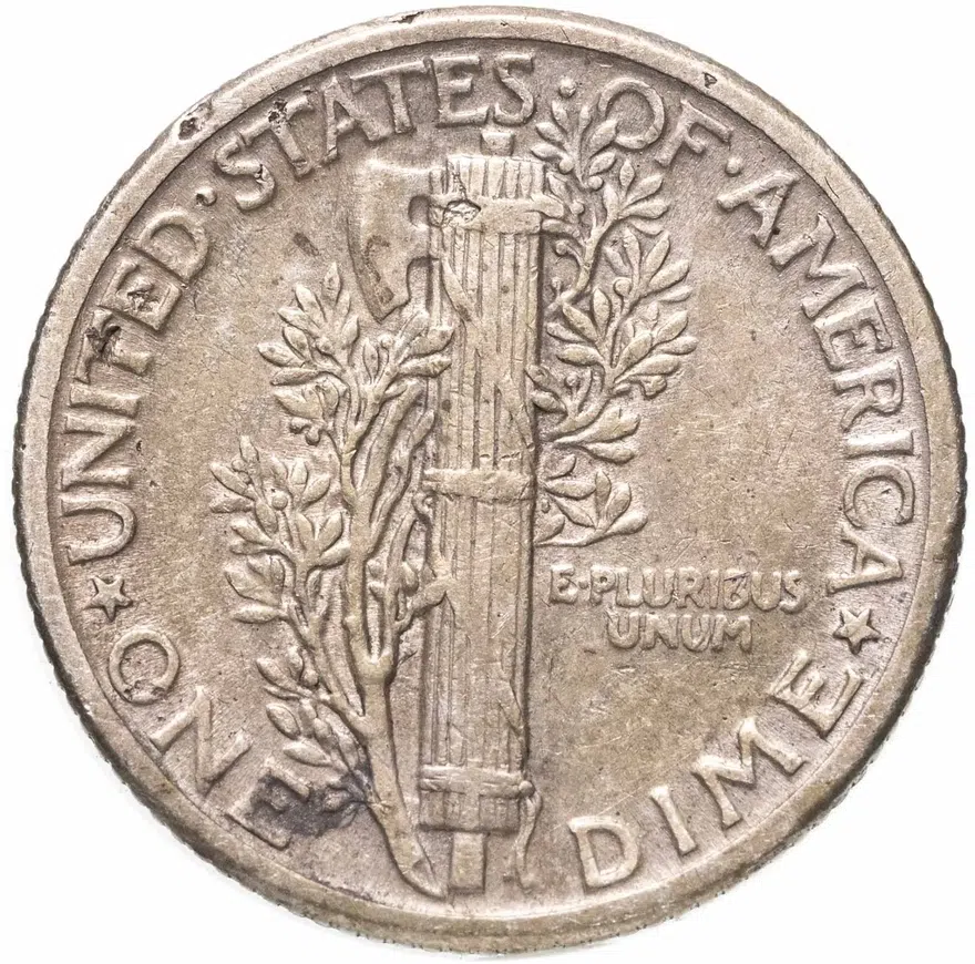 США 10 центов (дайм, one dime) 1929  Mercury Dime Без отметки монетного двора, реверс