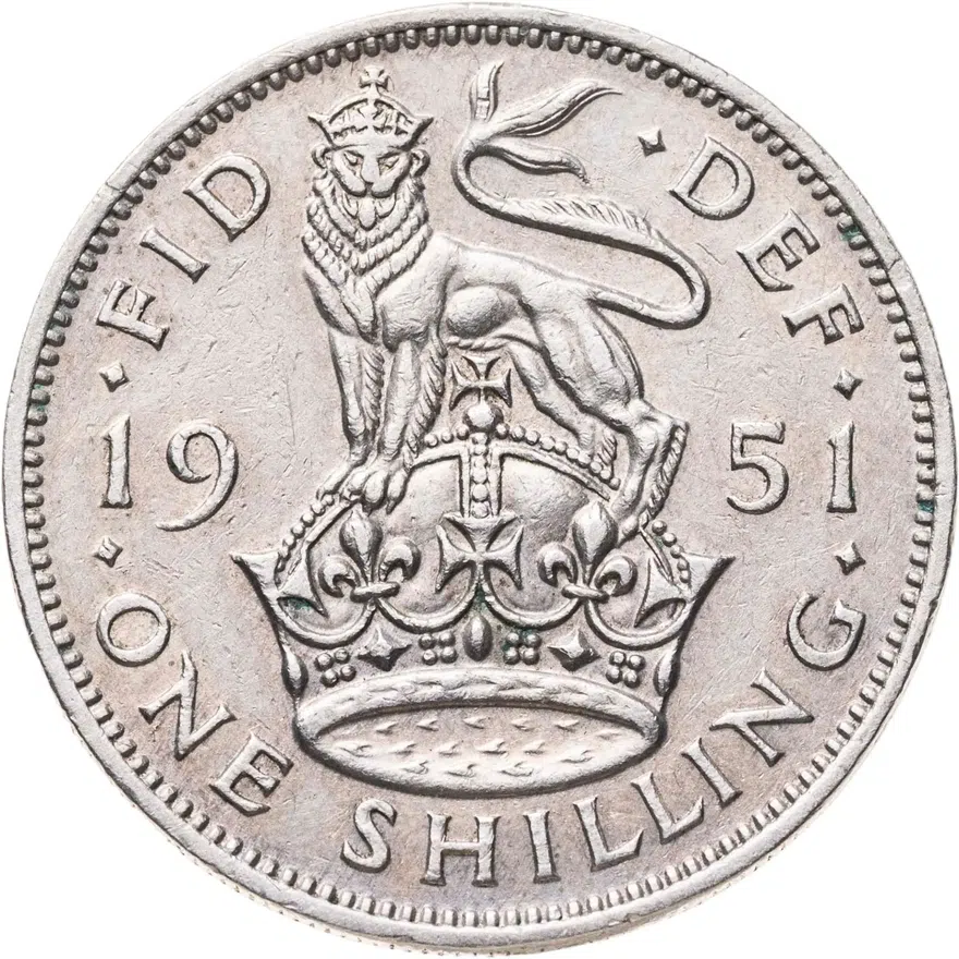 Великобритания 1 шиллинг (shilling) 1951 Английский шиллинг - лев, стоящий на короне