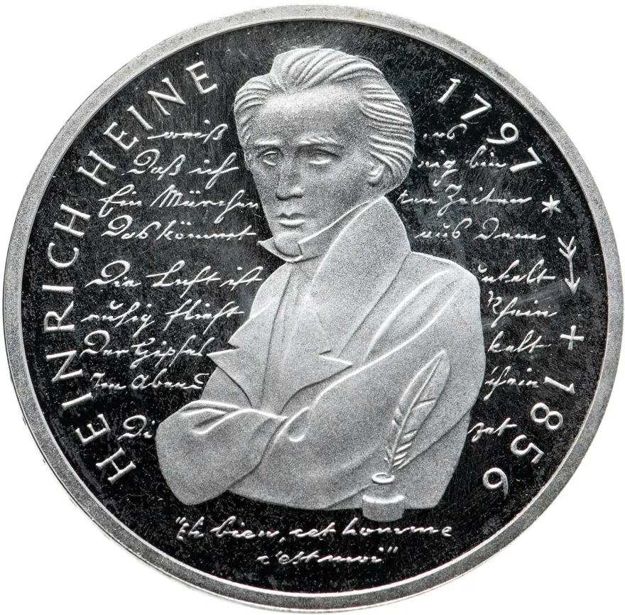 Германия 10 марок (deutsche mark) 1997 F 200 лет со дня рождения Генриха Гейне знак монетного двора: "F" - Штутгарт, аверс