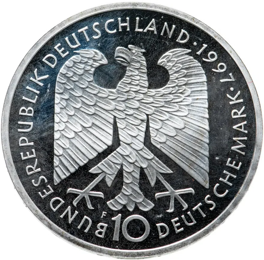 Германия 10 марок (deutsche mark) 1997 F 200 лет со дня рождения Генриха Гейне знак монетного двора: "F" - Штутгарт, реверс