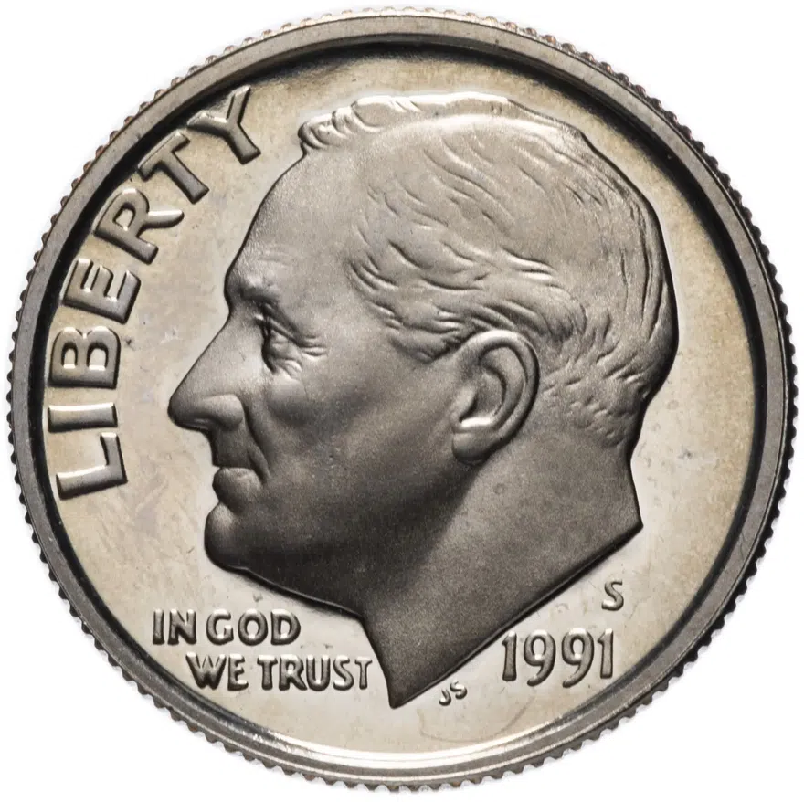 США 10 центов (дайм, one dime) 1991 S Roosevelt Dime (Рузвельт) знак монетного двора "S", аверс