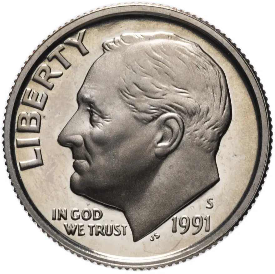 США 10 центов (дайм, one dime) 1991 S Roosevelt Dime (Рузвельт) знак монетного двора "S", реверс
