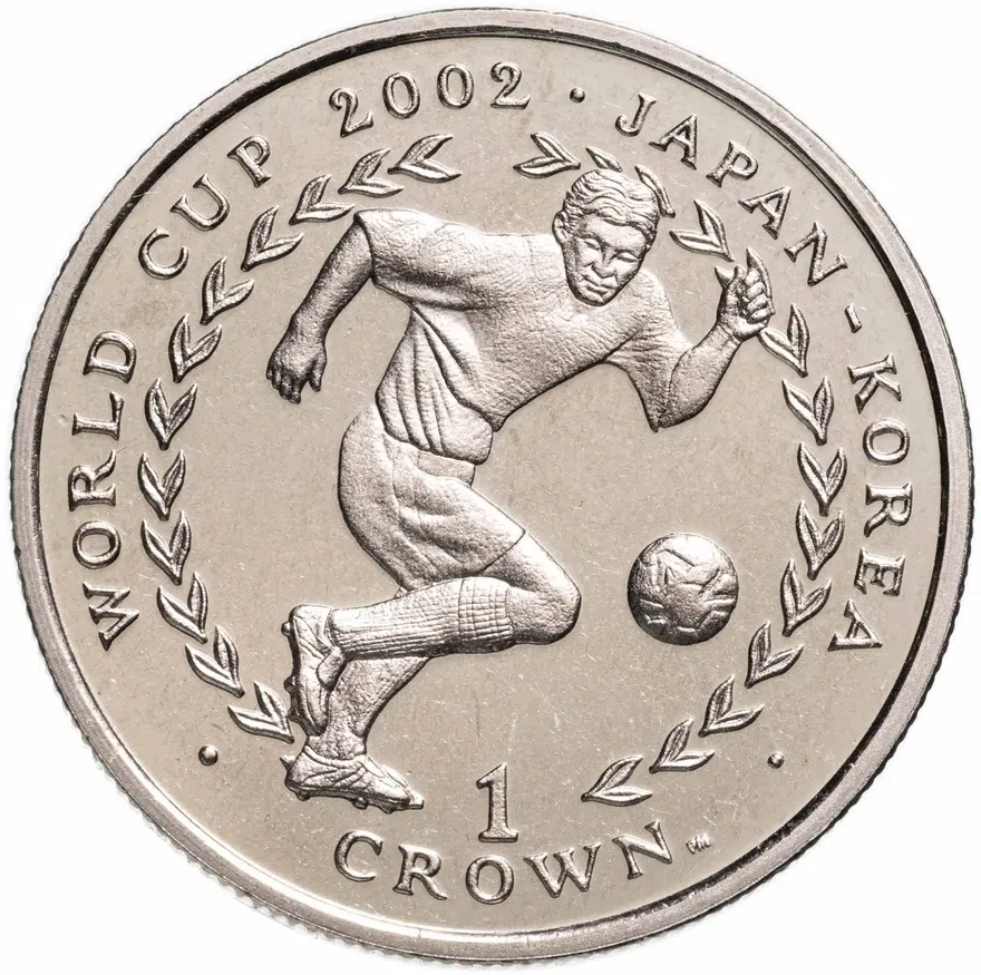 Остров Мэн 1 крона (crown) 2002  Чемпионат мира по футболу 2002, Япония-Корея /мяч справа/, аверс