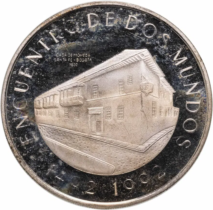 Колумбия 10000 песо (pesos) 1991 Иберо-Америка - Основание монетного двора Санта-Фе де Богота, реверс