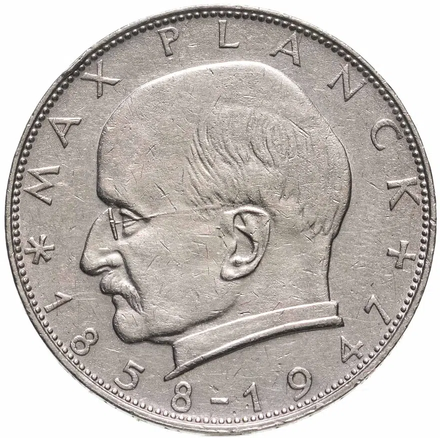 Германия 2 марки (deutsche mark) 1963 G Макс Планк знак монетного двора: "G" - Карлсруэ, аверс
