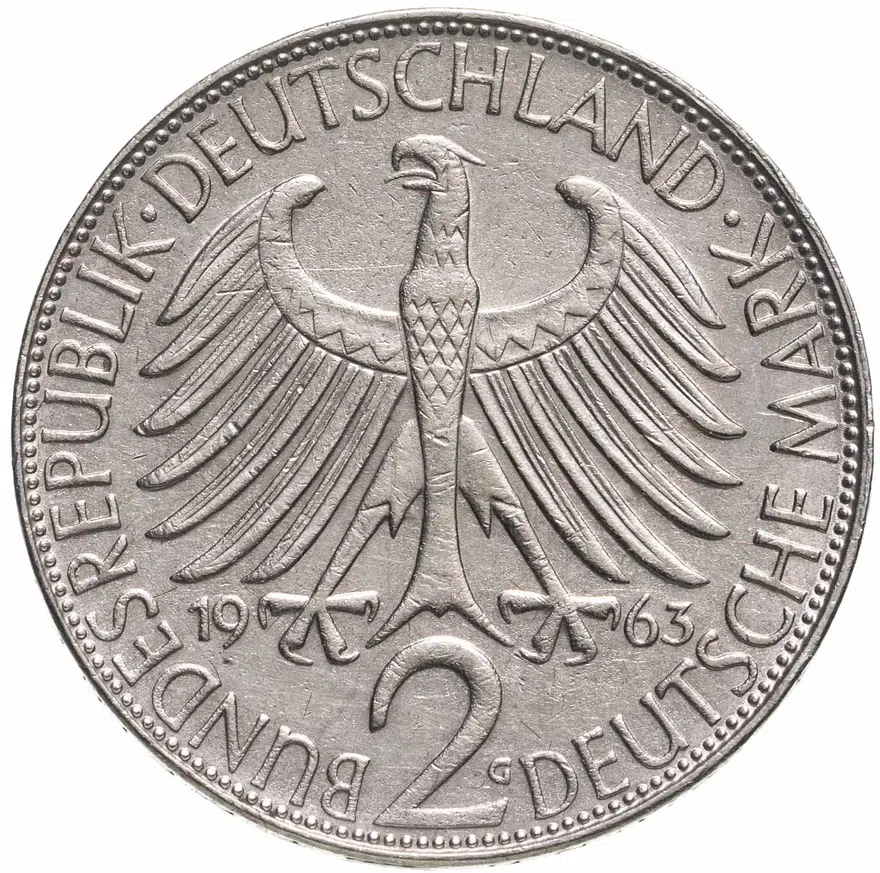 Германия 2 марки (deutsche mark) 1963 G Макс Планк знак монетного двора: "G" - Карлсруэ, реверс