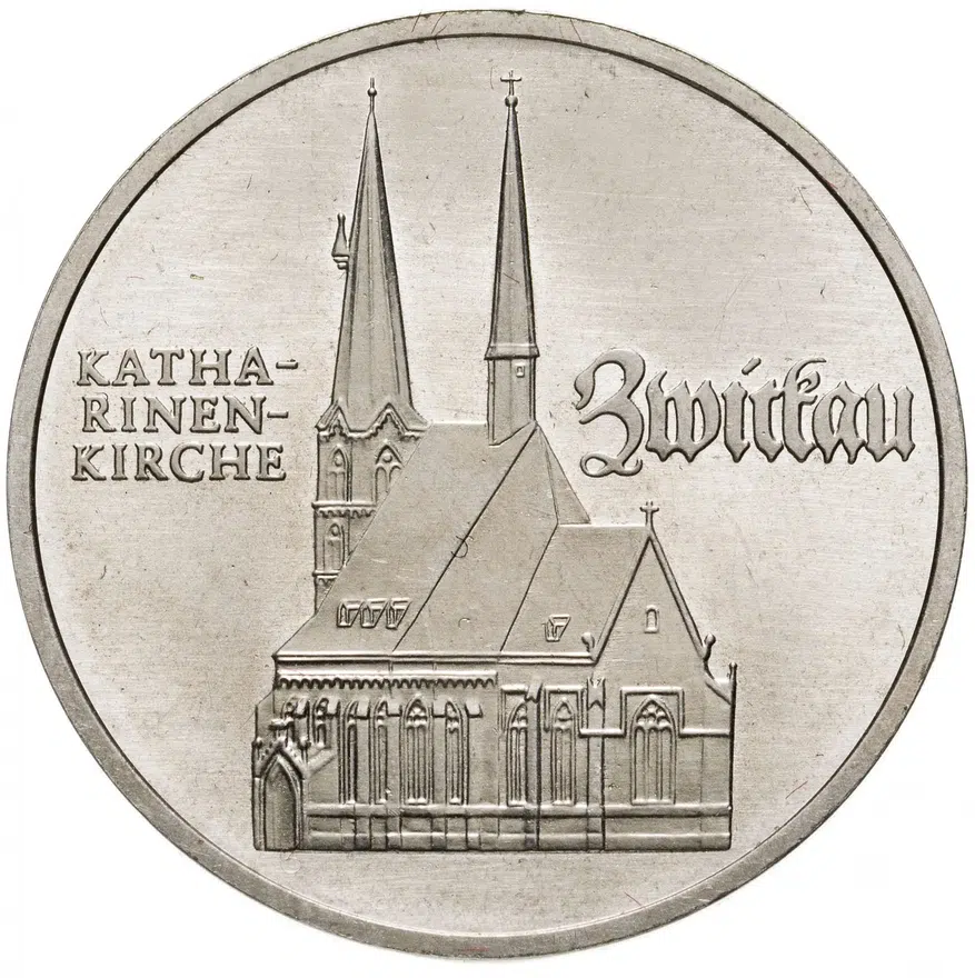 Германия (ГДР) 5 марок (mark) 1989 "500 лет со дня рождения Томаса Мюнцера, Церковь Св. Марии в Мюльхаузен"