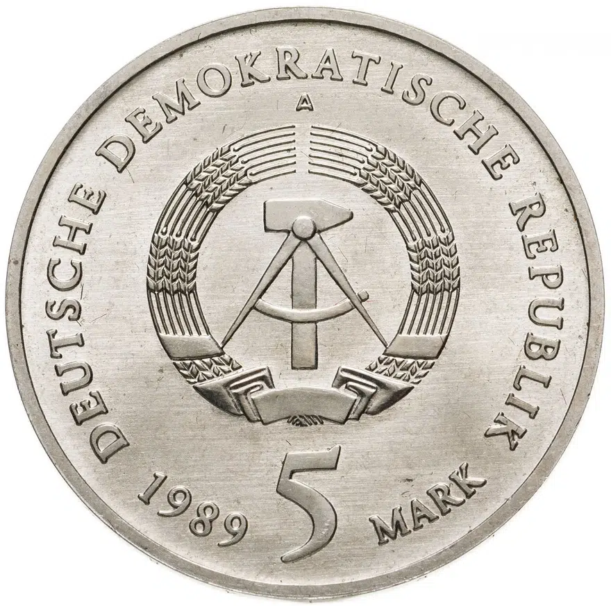 Германия (ГДР) 5 марок (mark) 1989 "500 лет со дня рождения Томаса Мюнцера, Церковь Св. Марии в Мюльхаузен", реверс