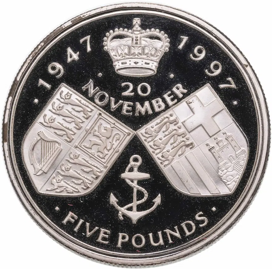 Великобритания 5 фунтов (pounds) 1997  Золотая свадьба королевы