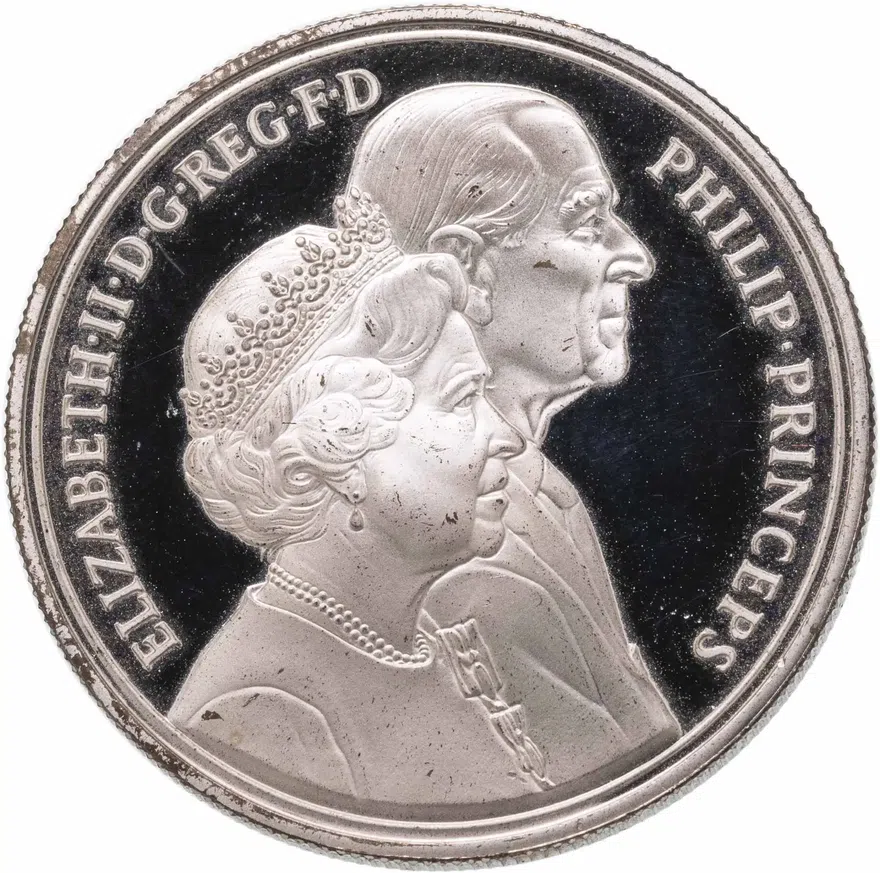 Великобритания 5 фунтов (pounds) 1997  Золотая свадьба королевы, реверс
