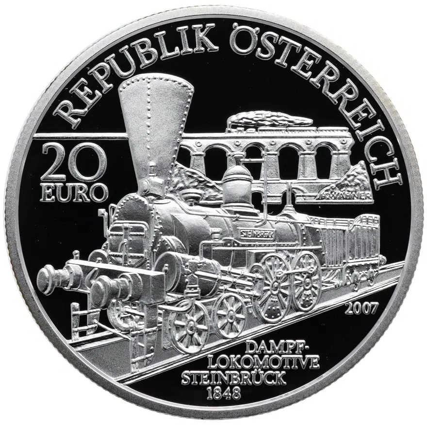 Австрия 20 евро (euro) 2007 "Австрийская железная дорога - Южная железная дорога" в футляре с сертификатом