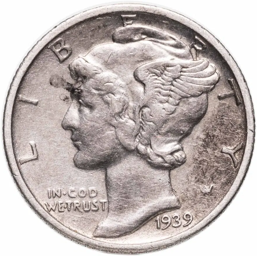 США 10 центов (дайм, one dime) 1939 Mercury Dime (дайм «Меркурий») знак монетного двора: "S" - Сан-Франциско