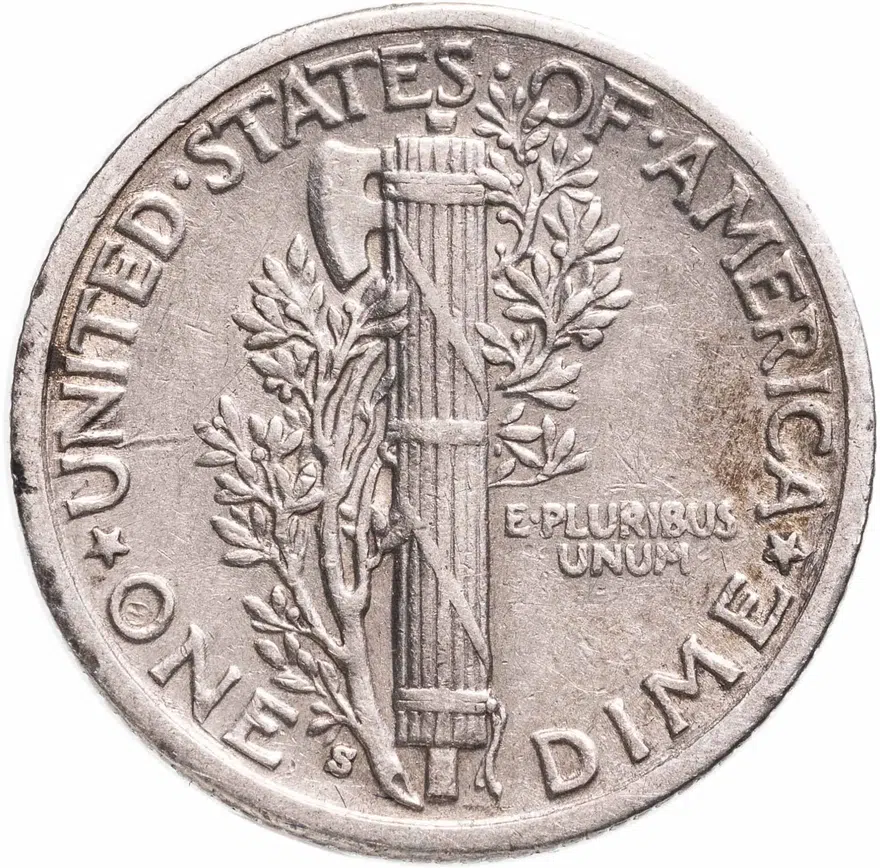 США 10 центов (дайм, one dime) 1939 Mercury Dime (дайм «Меркурий») знак монетного двора: "S" - Сан-Франциско, реверс