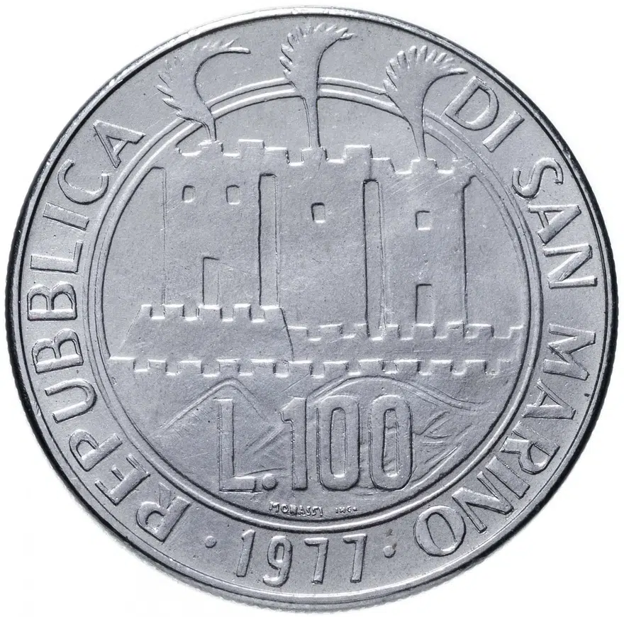 Сан-Марино 100 лир (lire) 1977  Экология - стилизованная рыба на реверсе, реверс