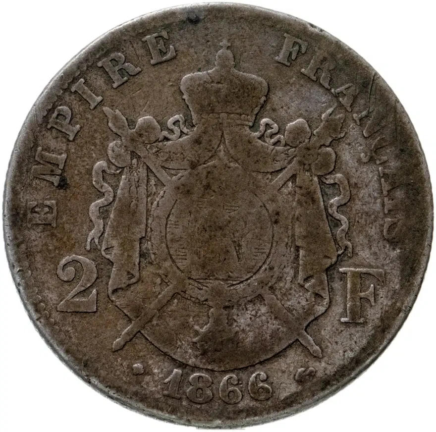 Франция 2 франка (francs) 1866 BB  знак монетного двора: "BB" - Страсбург