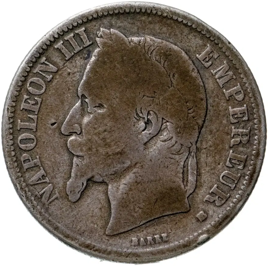 Франция 2 франка (francs) 1866 BB  знак монетного двора: "BB" - Страсбург, реверс