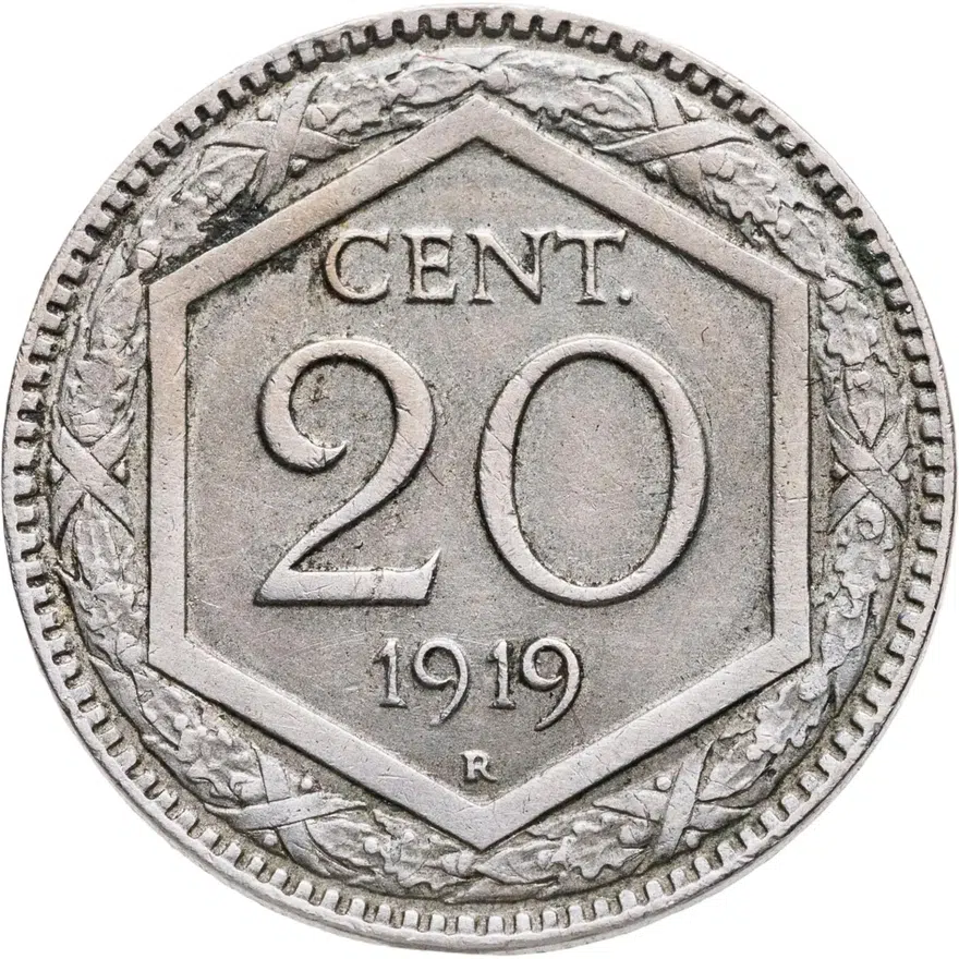 Италия 20 чентезимо (centesimi) 1919  Новый тип: Герб Ребристый гурт, аверс