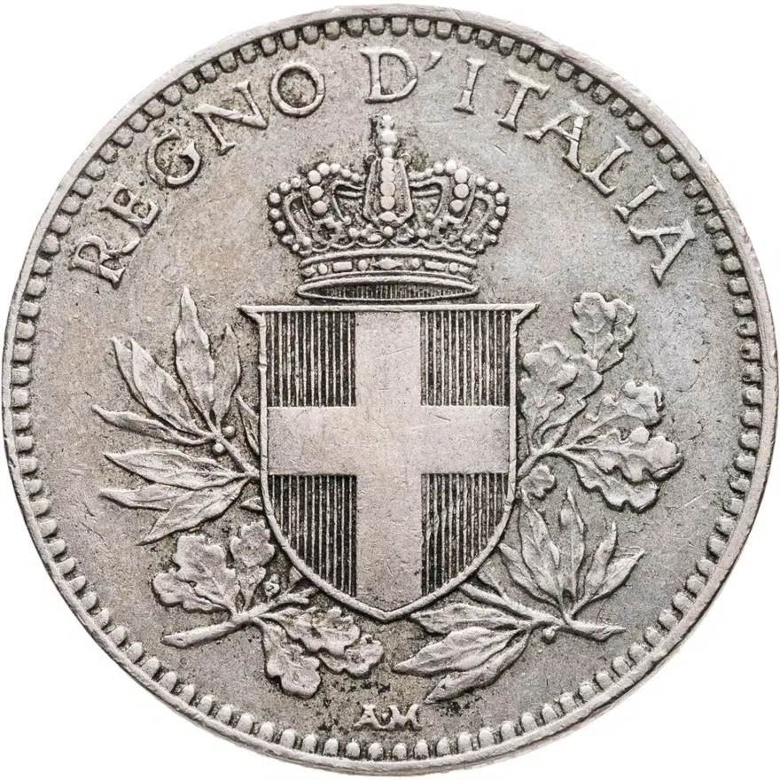 Италия 20 чентезимо (centesimi) 1919  Новый тип: Герб Ребристый гурт, реверс