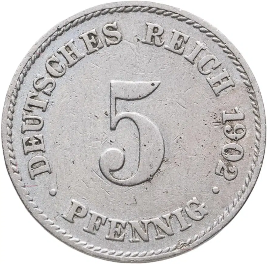 Германия 5 пфеннигов (pfennig) 1902 J  знак монетного двора: "J" - Гамбург, аверс