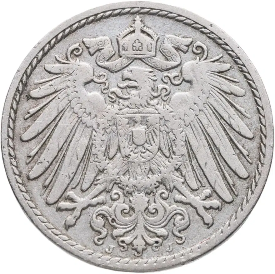 Германия 5 пфеннигов (pfennig) 1902 J  знак монетного двора: "J" - Гамбург, реверс