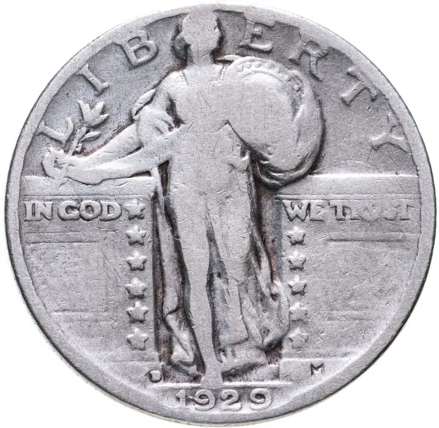 США 25 центов (квотер, 1/4 доллара, quarter dollar) 1929 D Standing Liberty Quarter знак монетного двора: "D" - Денвер, аверс