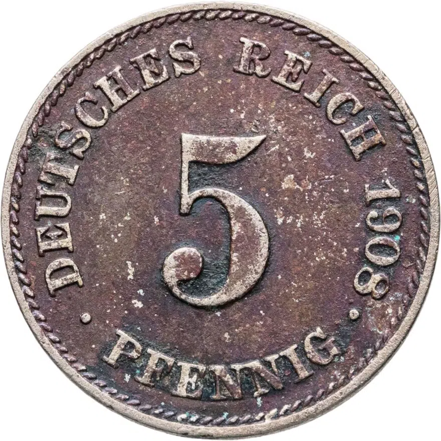 Германия 5 пфеннигов (pfennig) 1908 J  знак монетного двора: "J" - Гамбург, аверс