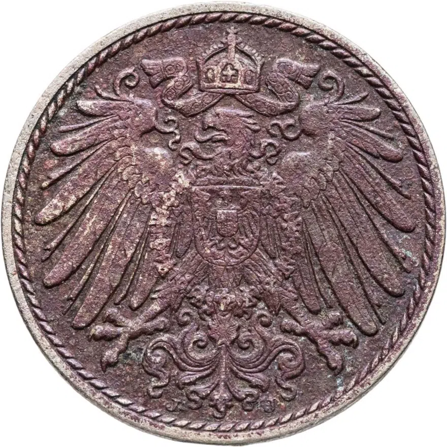 Германия 5 пфеннигов (pfennig) 1908 J  знак монетного двора: "J" - Гамбург, реверс