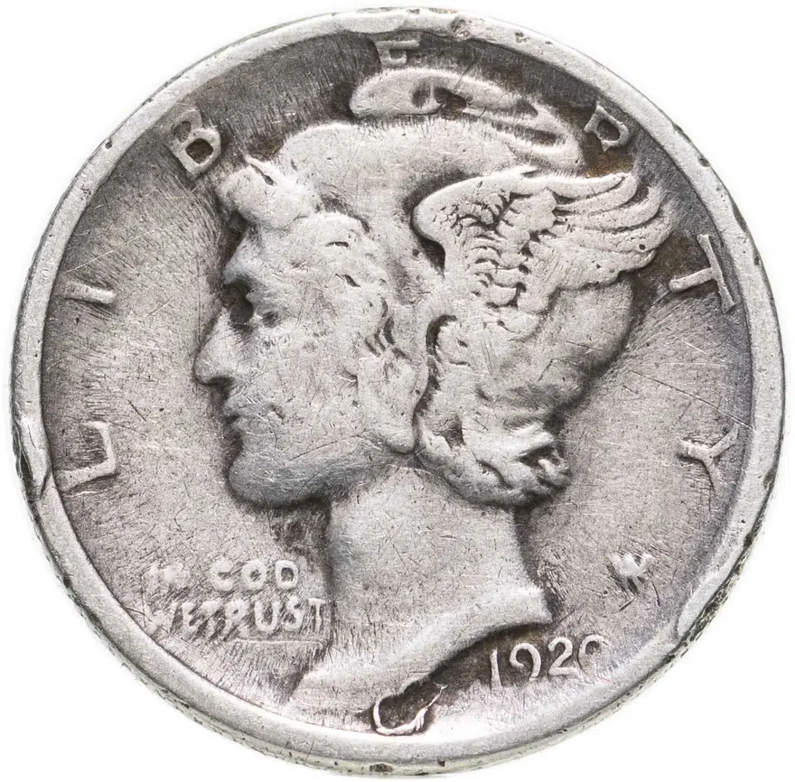 США 10 центов (дайм, one dime) 1920 Mercury Dime знак монетного двора: "D" - Денвер, аверс