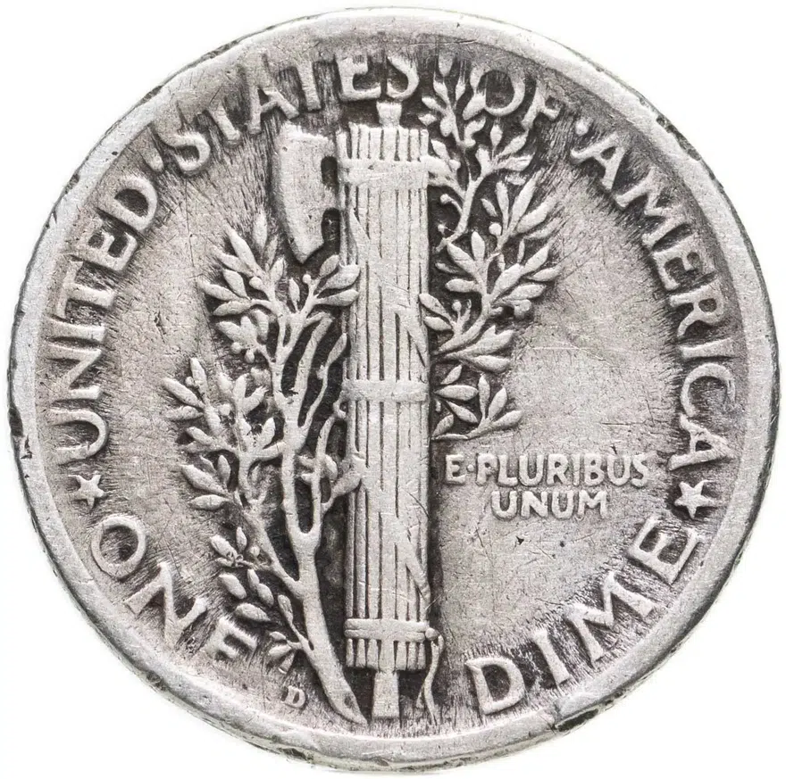 США 10 центов (дайм, one dime) 1920 Mercury Dime знак монетного двора: "D" - Денвер, реверс