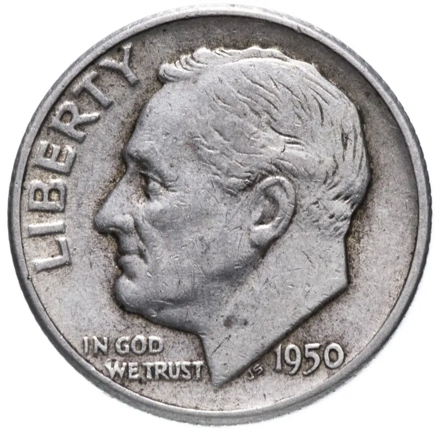 США 10 центов (дайм, one dime) 1950   "Silver Roosevelt Dime (Рузвельт)" без обозначения монетного двора