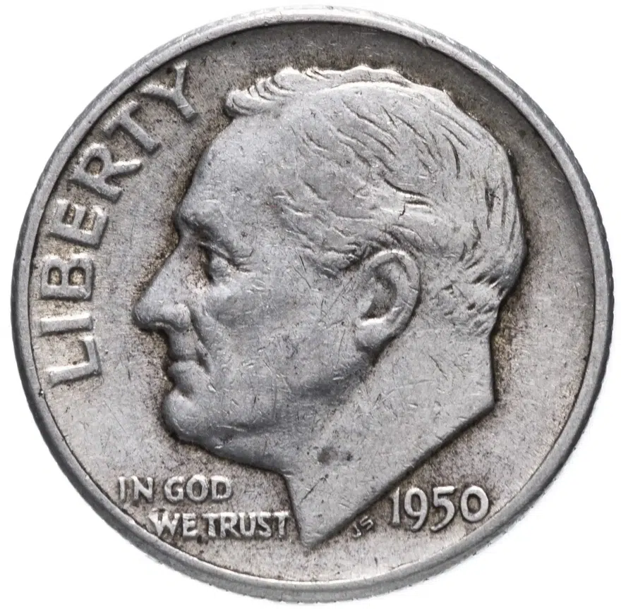 США 10 центов (дайм, one dime) 1950   "Silver Roosevelt Dime (Рузвельт)" без обозначения монетного двора, реверс