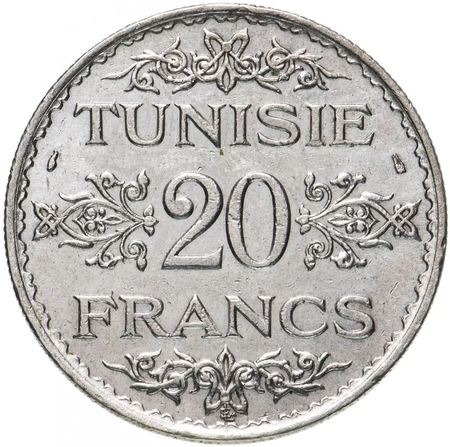 Тунис 20 франков (francs) 1934   Надпись "Tunisiе" ровно в линию