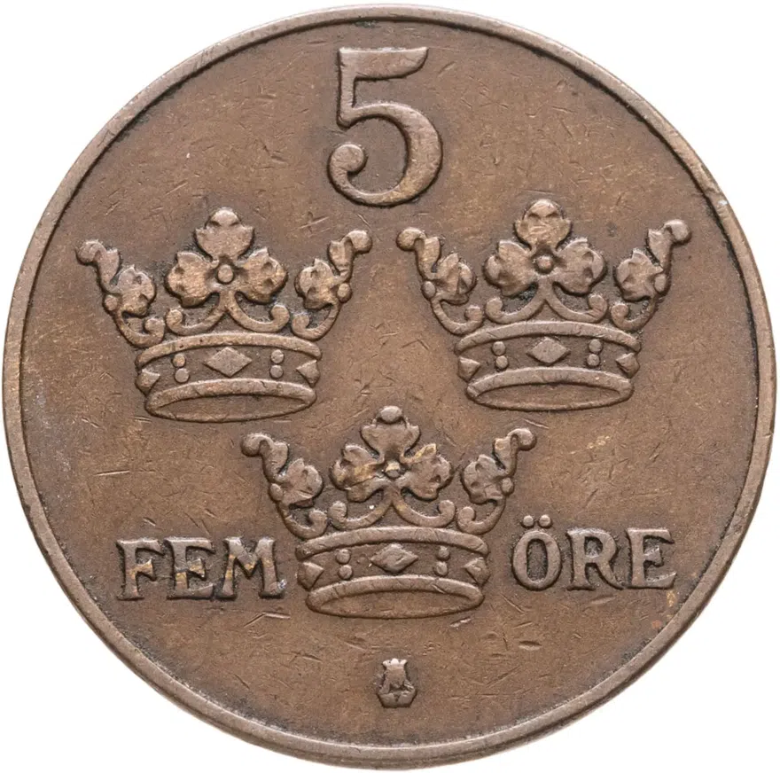 Швеция 5 эре (ore) 1921, реверс