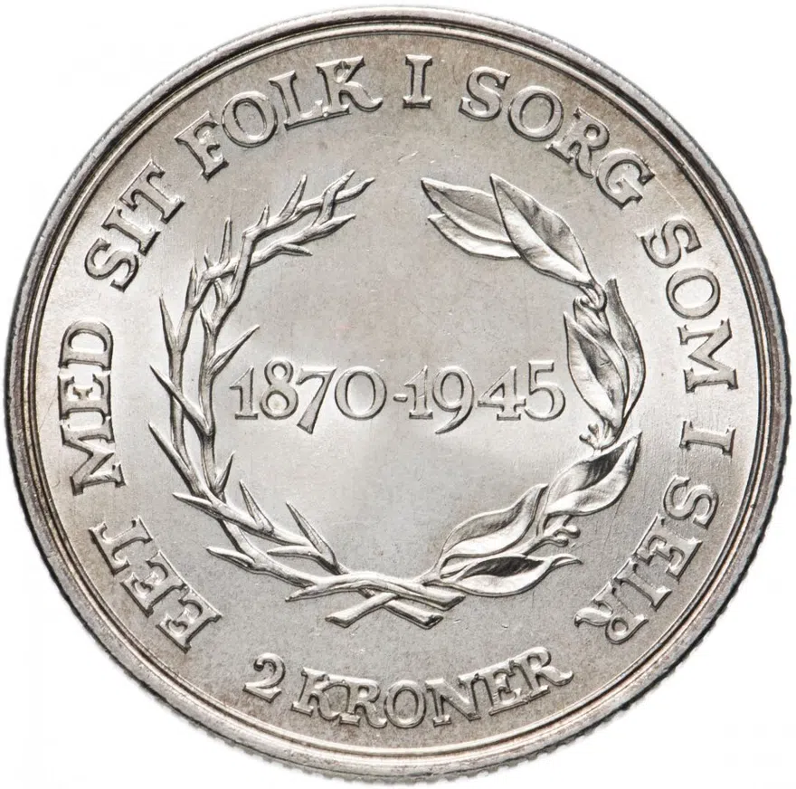 Дания 2 кроны (kroner) 1945  75 лет со дня рождения короля Кристиана X, реверс
