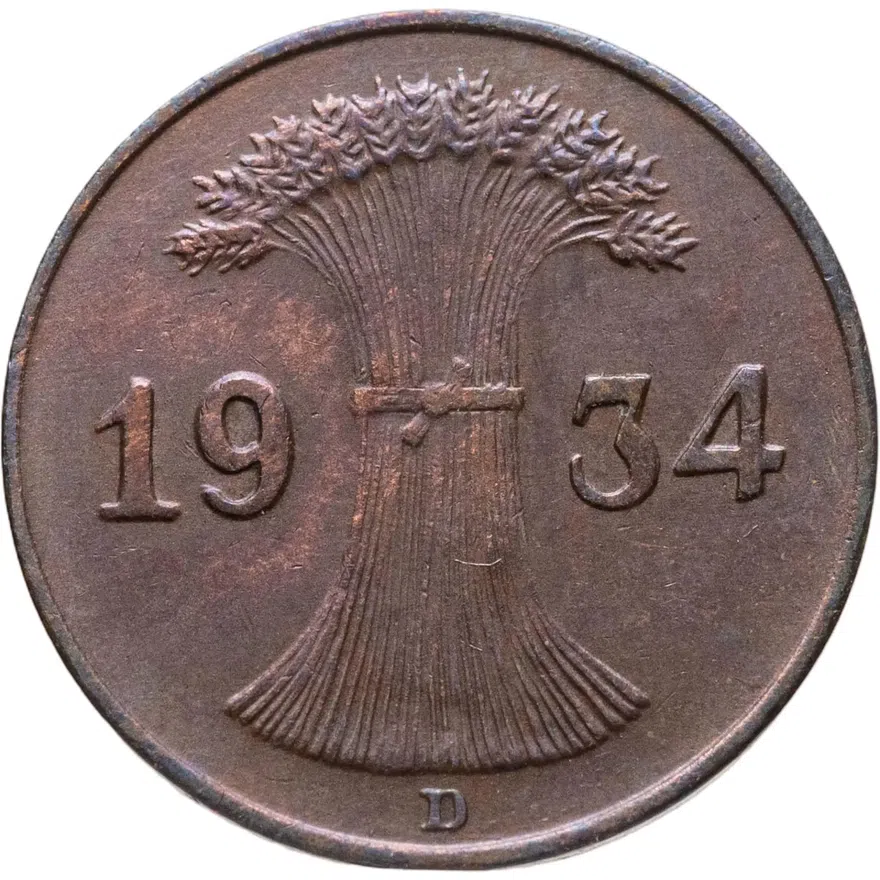Германия 1 рейхспфенниг (reichspfennig) 1934 D  знак монетного двора "D" — Мюнхен, реверс