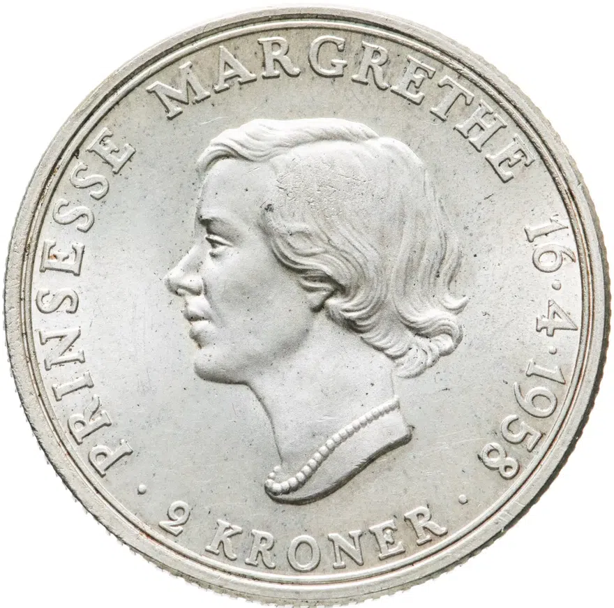 Дания 2 кроны (kroner) 1958  18 лет принцессе Маргрете, реверс