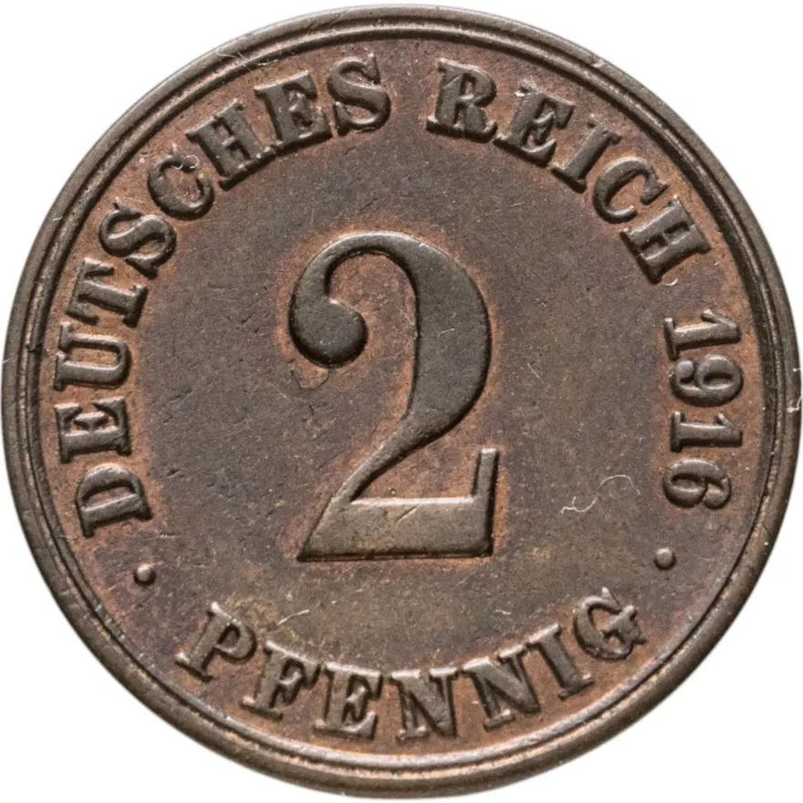 Германская Империя 2 пфеннига (pfennig) 1916 "А" - Берлин, аверс