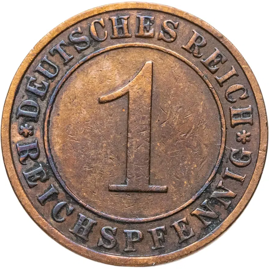 Германия 1 рейхспфенниг (reichspfennig) 1927 E  знак монетного двора "E" — Мульденхюттен