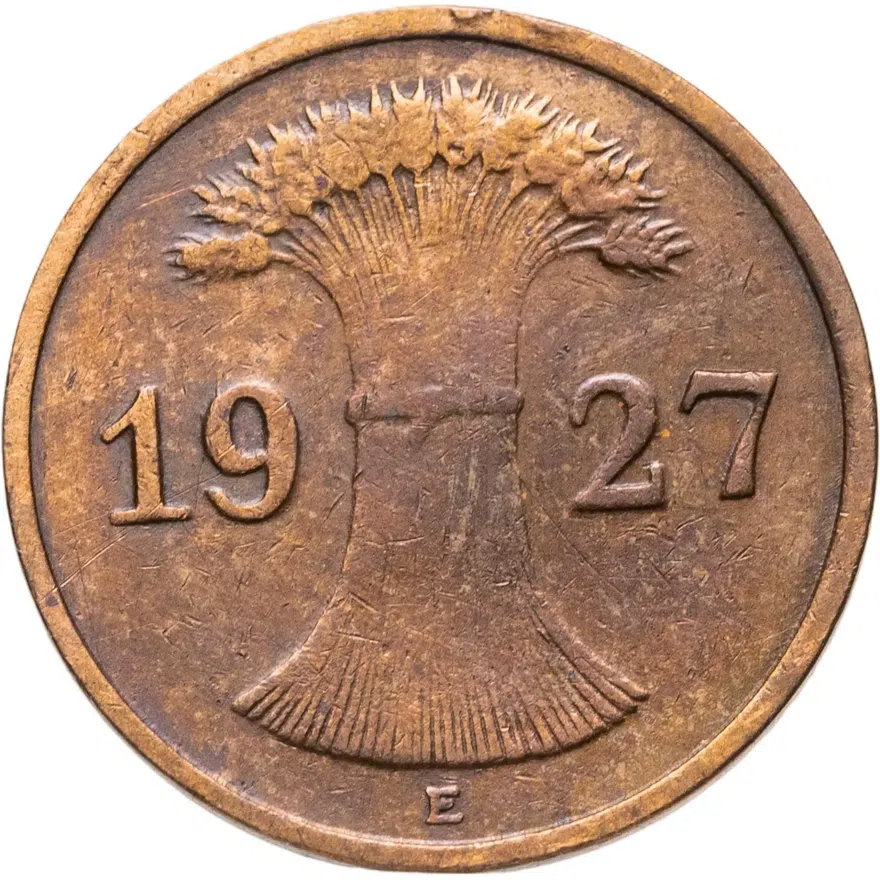 Германия 1 рейхспфенниг (reichspfennig) 1927 E  знак монетного двора "E" — Мульденхюттен, реверс