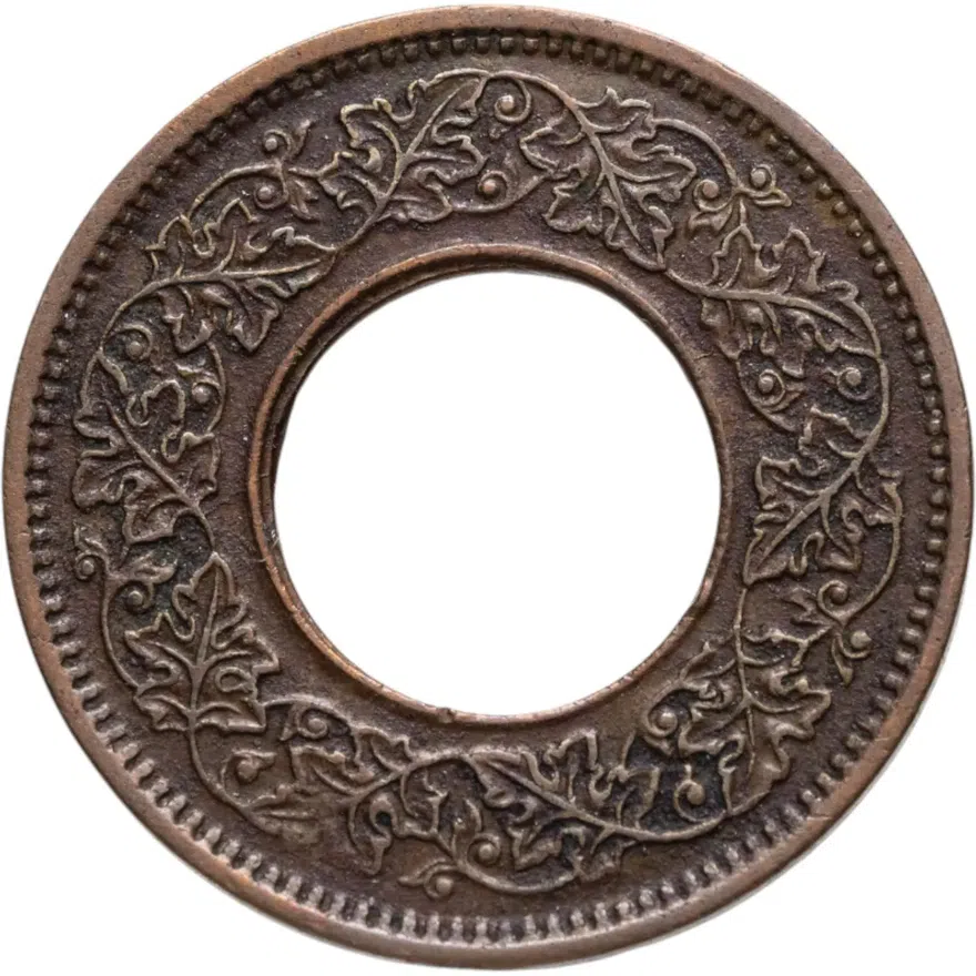 Индия (Британская) 1 пайс (pice) 1944 •  Плоская корона с закруглёнными углами. знак монетного двора: "•" - Бомбей /большая точка/, реверс