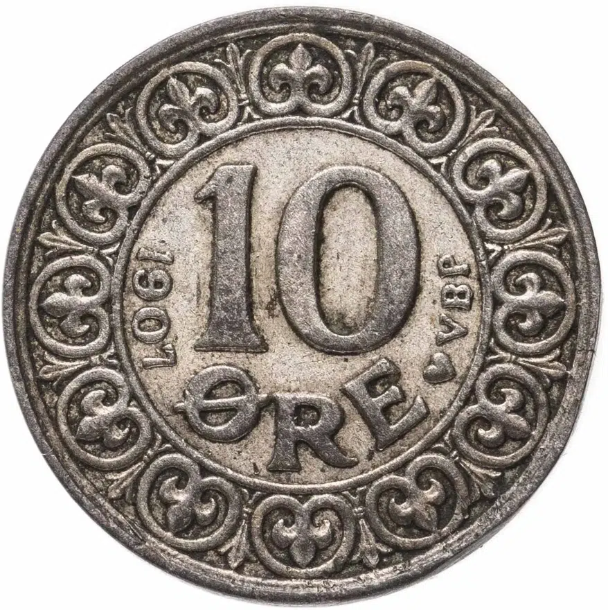 Дания 10 эре (ore) 1907, реверс