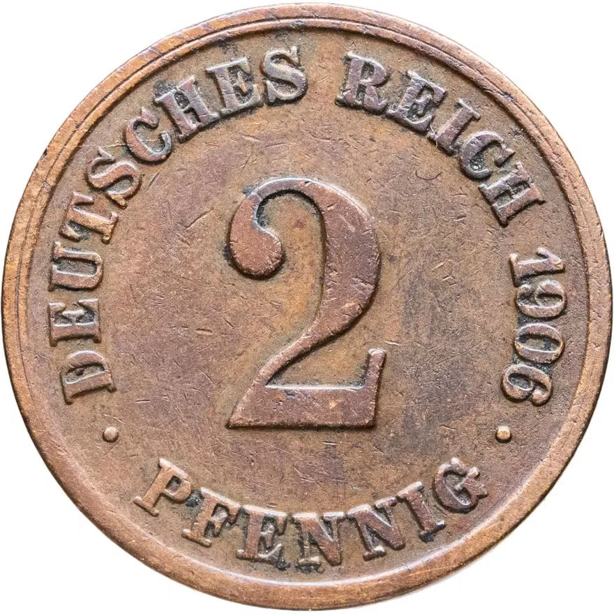 Германия 2 пфеннига (pfennig) 1906 E  знак монетного двора: "E" - Мульденхюттен, аверс