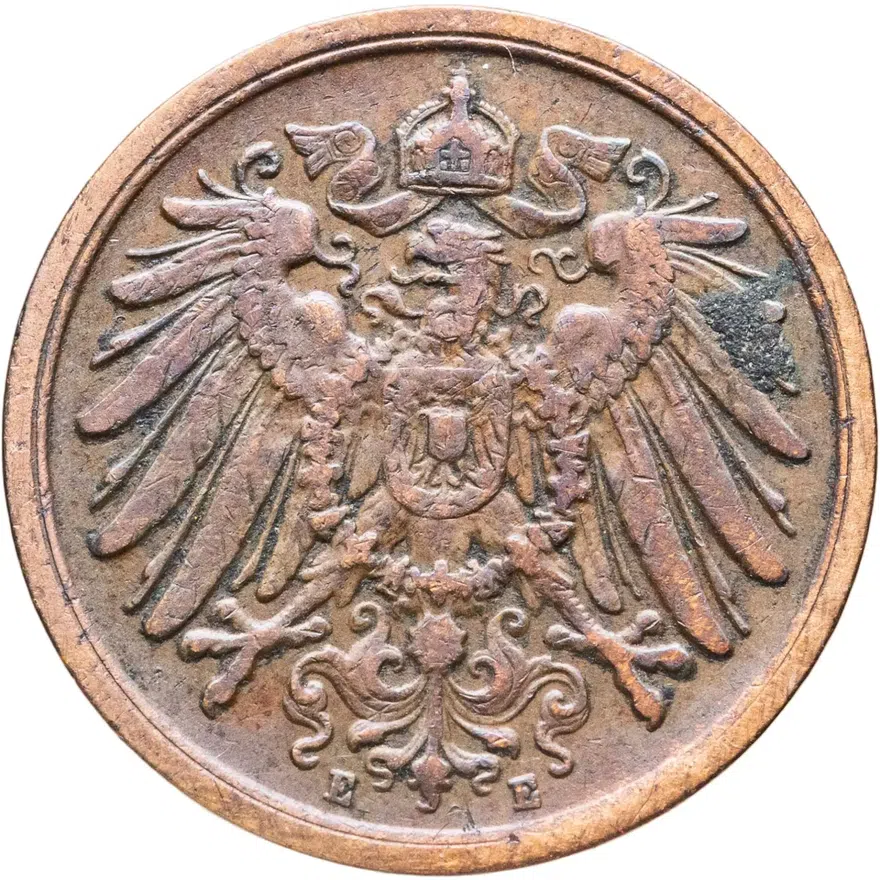 Германия 2 пфеннига (pfennig) 1906 E  знак монетного двора: "E" - Мульденхюттен, реверс