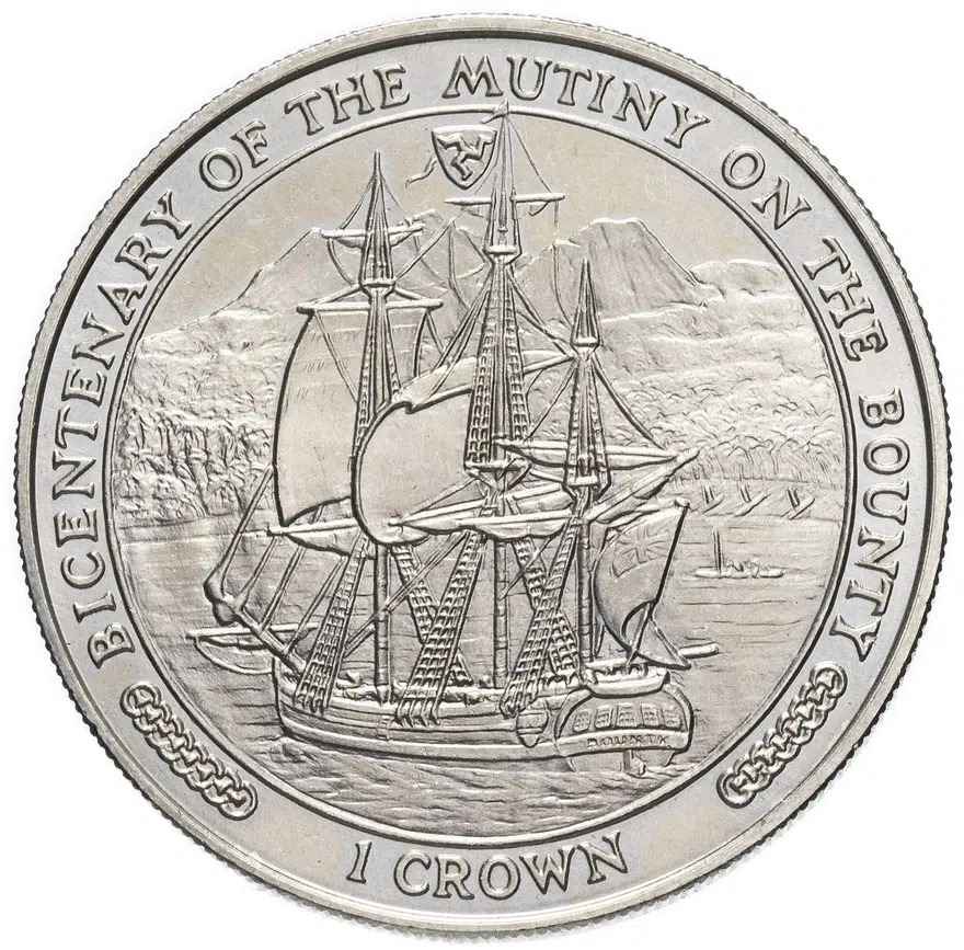 Остров Мэн 1 крона (crown) 1989   "200 лет мятежу на "Баунти". Корабль", аверс