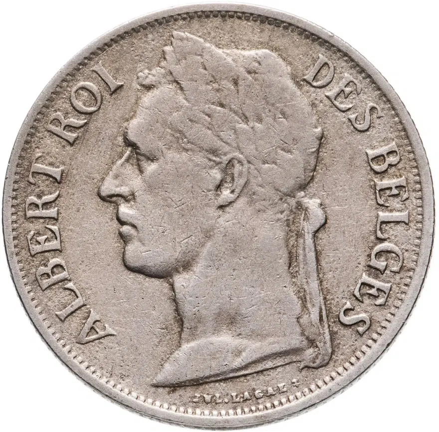 Бельгийское Конго 1 франк (franc) 1926 Надпись на французском - 'ALBERT ROI DES BELGES'
